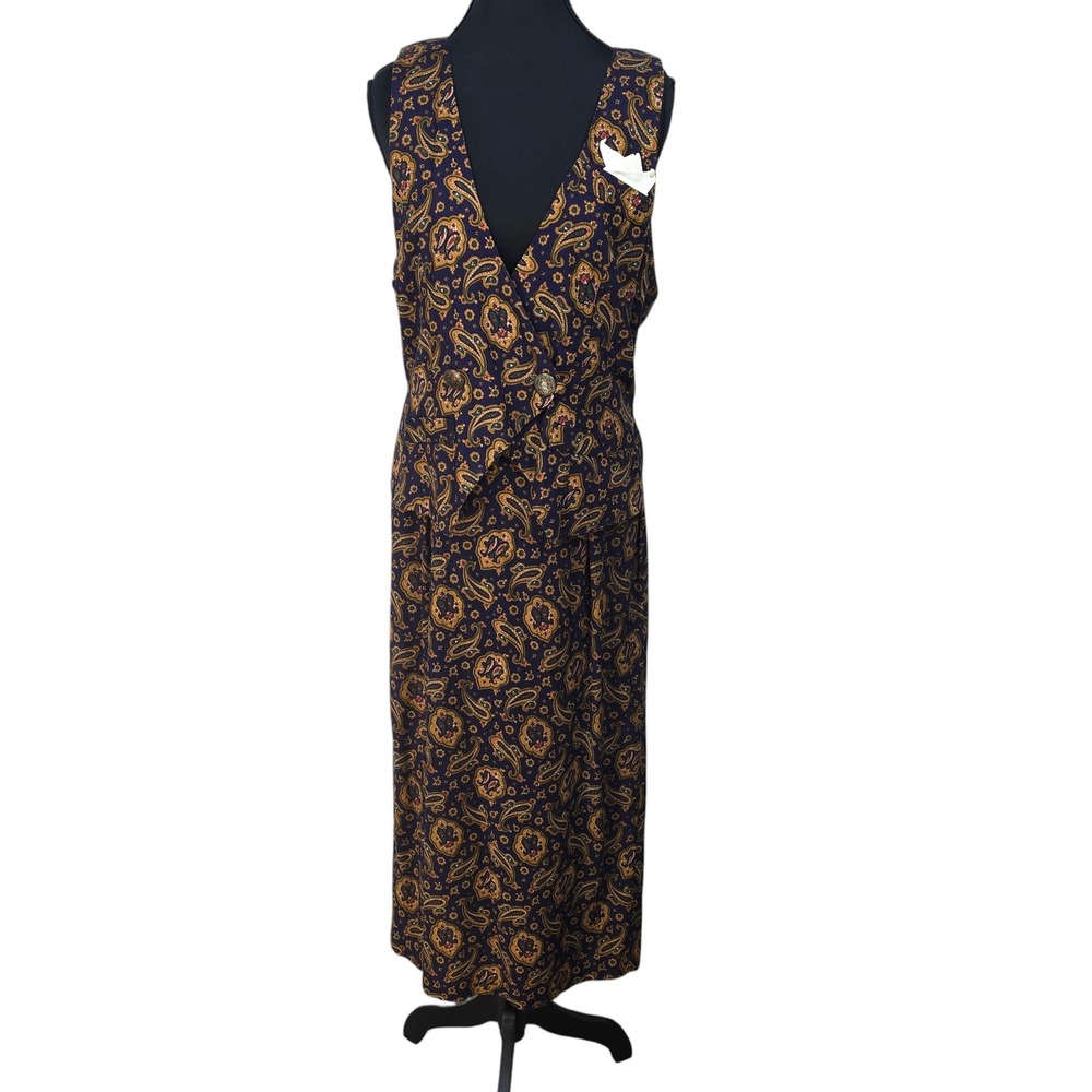 RJ Stevens Carol Escritor Vintage Paisley‎ Secretary Dress Navy Blue Gold Size 8
